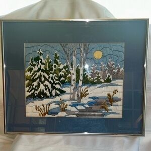 Crewel Embroidery Art Hand Stitched Winter Snow Scene Professionally Framed‎ EUC